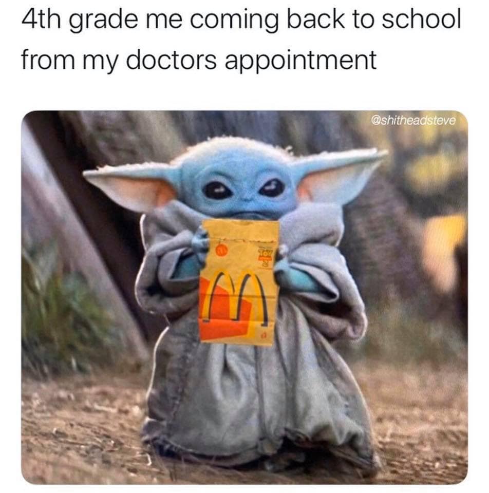 This meme is a humorous take on the idea of going back to school after a long break. The image features a cartoon character from the Star Wars franchise, Baby Yoda, holding a lunch box with a McDonald's logo on it, implying that he's excited to go back to school and is bringing a favorite snack. The text above the image reads "4th grade me going back to school after summer" and "1st grade me going back to school after summer".